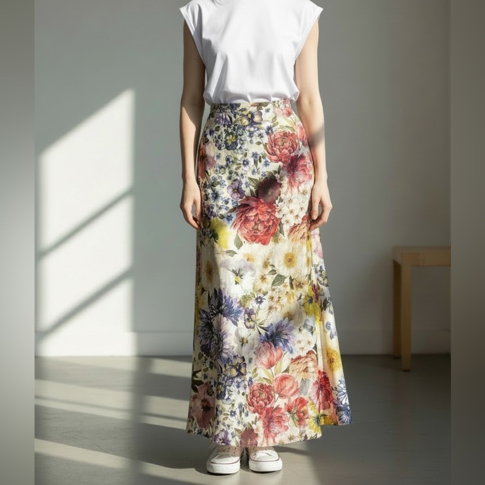 Express Floral Maxi Skirt in Cream, Pink, Yellow & Blue